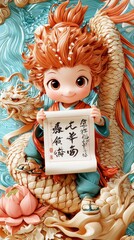 Sticker - Cute Cartoon Character Holding a Scroll with Chinese Calligraphy