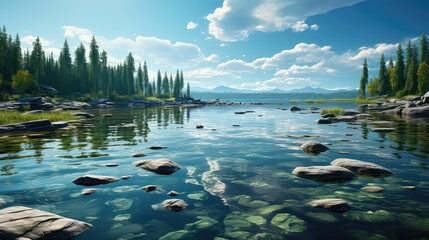 Summer landscape with blue cloudy sky reflection