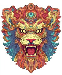 Poster - A vibrant, intricate lion illustration featuring bold colors and detailed patterns.