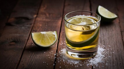 Gold tequila with lime and salt, selective focus