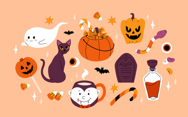 Wall Mural - Cute kids Halloween set. Happy pumpkin, zombie hand, cute ghost, skull cupcake candy and witch potion. October holiday stickers, design elements bundle. Isolated flat vector illustrations