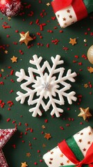 Poster - White Snowflake on Green Background with Christmas Decorations