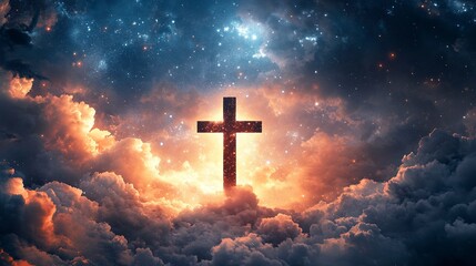 Abstract wallpaper of a Cross in heavenly, ethereal clouds and shining lights. Cross background symbolizing prayer, heaven, or spirituality. generative ai