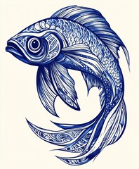 Poster - A stylized blue fish illustration featuring intricate patterns and flowing fins.