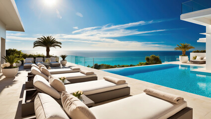 Terrace of a resort hotel with sunbeds and swimming pool with clear blue water with breathtaking panoramic sea view