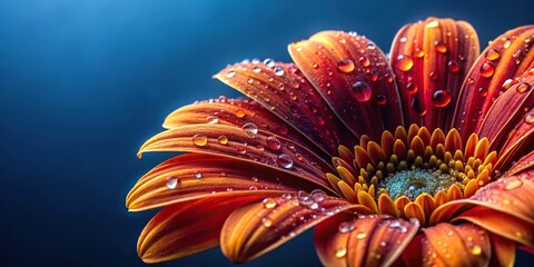 Wall Mural - Orange and red flower with water droplets on dark blue background extreme close-up