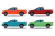 © Kidung Paripurna - Vector illustration set of land vehicle in different color. Image of pickup truck in cartoon flat style. Four wheel drive sporty car. Comfort pickup truck icon, symbol, logo for advertising