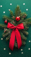 Wall Mural - Christmas Tree Branch with Red Ribbon and Ornaments on Green Background