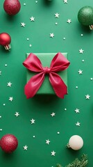 Sticker - Christmas Gift Box with Red Ribbon on Green Background with White Stars and Ornaments