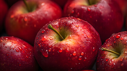 Wall Mural - Fresh juicy red Apple with waterdrops, macro photo on dark background, healthy fruit, background for food or health commercial