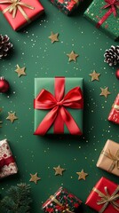 Canvas Print - Christmas Gift Boxes with Red Ribbon on Green Background