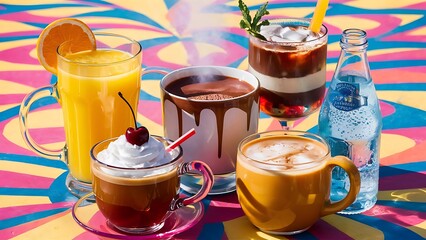 Set of different drinks on bright background