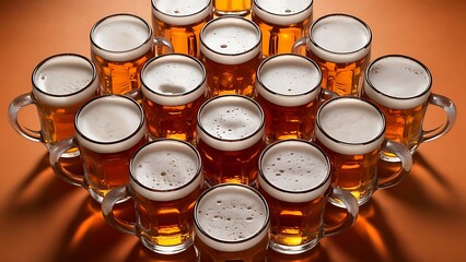 close up view of arranged mugs of cold beer with froth on orange background