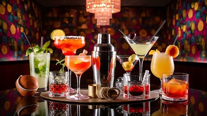 Set of different kind of alcoholic coctails and drinks