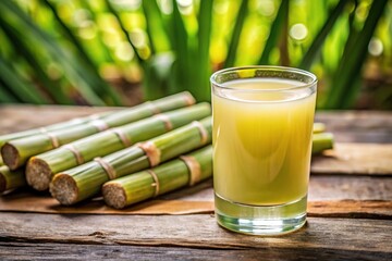 Wall Mural - Forced perspective sugarcane juice in focus with isolated sugarcane background