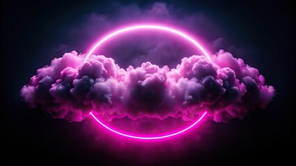 Fisheye cloud illuminated with neon magenta light ring on dark glowing round frame