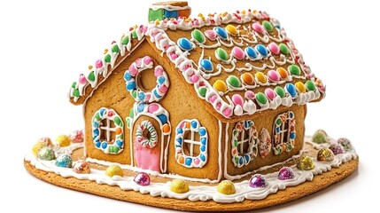 Wall Mural - Christmas Gingerbread House Icon, Featuring Festive Decorations and Sweet Detailing. Perfect for Holiday Themes and Seasonal Designs, Capturing the Cheerful Spirit of Christmas with a Classic Confecti