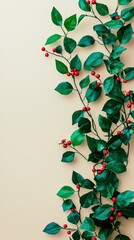 Canvas Print - Green Vine with Red Berries on Beige Background