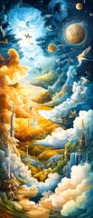 Poster - Fantasy Landscape With Clouds, Birds, and Celestial Objects.