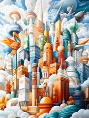 Sticker - Colorful Cityscape with Clouds.