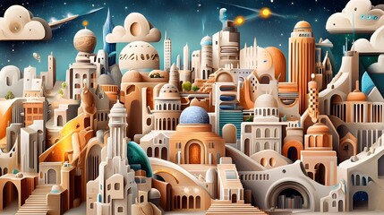 Canvas Print - Futuristic Cityscape with Abstract Buildings and Stars.