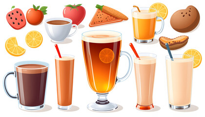 Set of cartoon food: non-alcoholic beverages - tea, herbal tea, hot chocolate, latte, mate, coffee, root beer, smoothie, juice, milk shake, lemonade and so. Vector illustration, isolated on white is