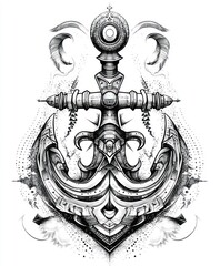 Canvas Print - A detailed black and white illustration of an ornate anchor with decorative elements.