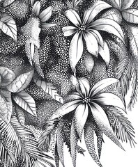 Sticker - A detailed black-and-white illustration of various plants and flowers, showcasing intricate patterns.