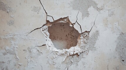 Wall Mural - Small, precise hole in a plaster wall showing a spiderweb of cracks around it