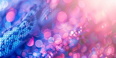 Abstract background with snake skin and blue-pink bokeh effect, sparkling elements.