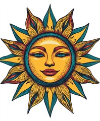 Poster - A vibrant sun illustration featuring a face surrounded by colorful leaves.