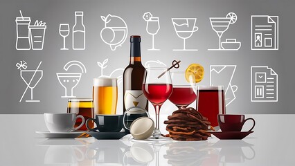 Coffee, tea icons. Beer, wine and cocktail signs. Soft and alcohol drinks symbols. Report document, information icons. Vector