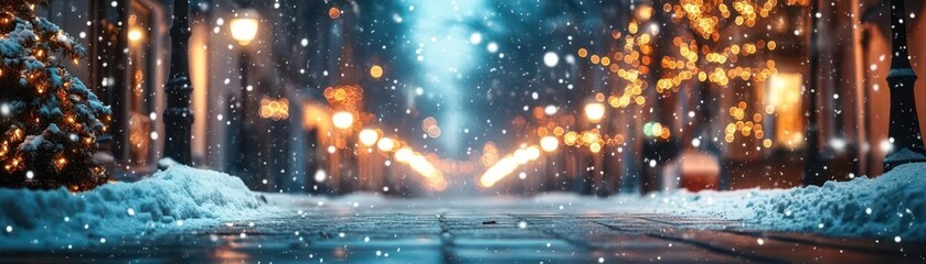 Snow-covered street with festive lights, holiday decorations, and snow falling softly, creating a joyful winter scene, Festive, Cool Tones, Wide Angle