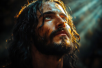  depiction of Jesus Christ, bathed in a single ray of light from above, creating a reverent and serene atmosphere with soft shadows.
