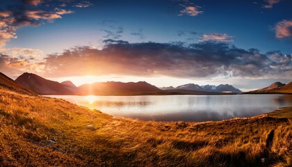 Wall Mural - Sunset over the lake. Amazing panorama landscape