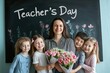 © Dassen - Teacher receiving flowers from students for teacher's day standing in a classroom
