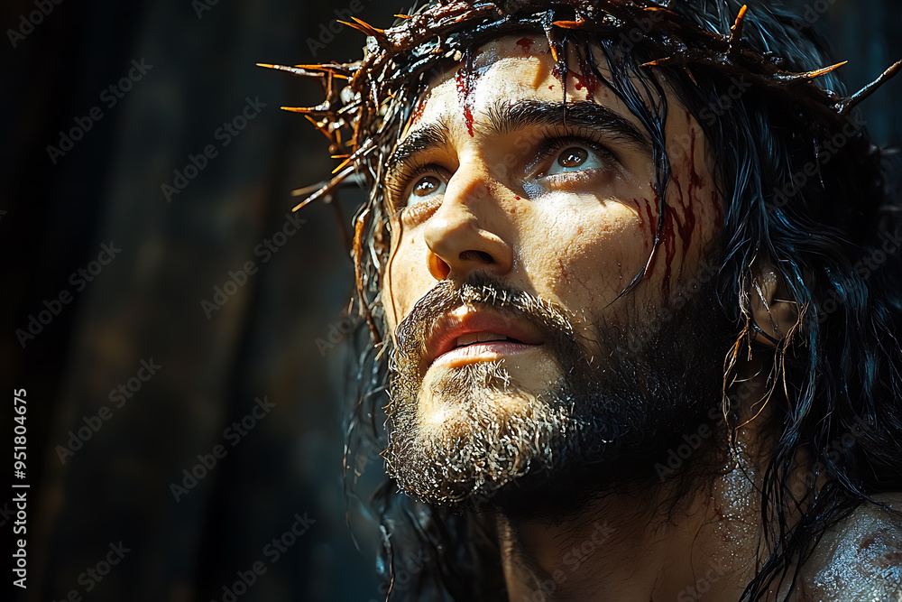 Jesus Christ illuminated by a single beam of light from above. A crown ...