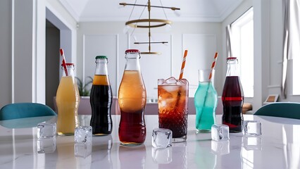 Glasses of different refreshing soda water with ice cubes on white marble table