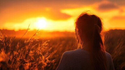 Poster - Silhouette of a Woman Against a Vibrant Sunset