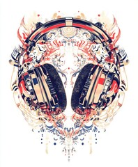 Canvas Print - Artistic illustration of headphones surrounded by intricate designs and patterns.