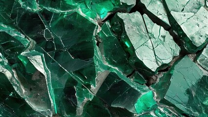 Wall Mural - A close-up of shattered green glass, broken and scattered, with a dark background. The broken glass is sharp and jagged, with some pieces reflecting light.