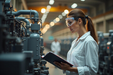 Middle-aged woman inspecting machinery in modern factory