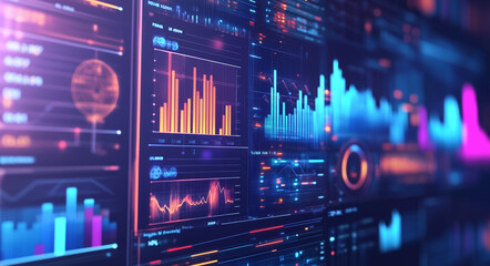 technology computer screen full of business or science graphs and charts data analytics	

