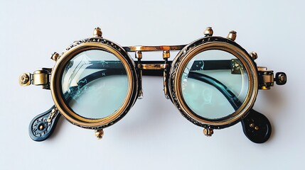 Steampunk-style round eyeglasses with brass accents and clear lenses.