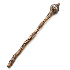 Ornate wooden staff with a carved head and intricate details.