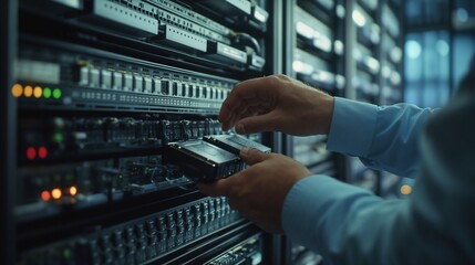 A man is diligently working on a server located within a data center