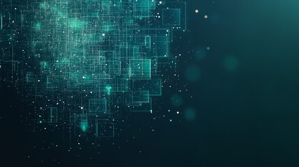 Poster - A modern background, featuring teal gradients with futuristic boxes, representing innovation in sports technology, The design includes subtle elements of Blockchain or cyberpunk to convey themes like 