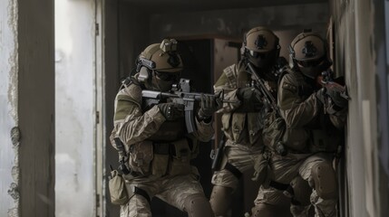 Soldiers in tactical gear move cautiously through a dimly-lit corridor, ready for action.