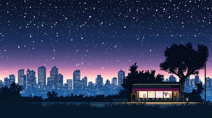 Colorful urban scene at night with a diner under a starry sky.