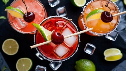 Zesty and delicious cocktails with cherries, ice and lime on black backdrop, concept